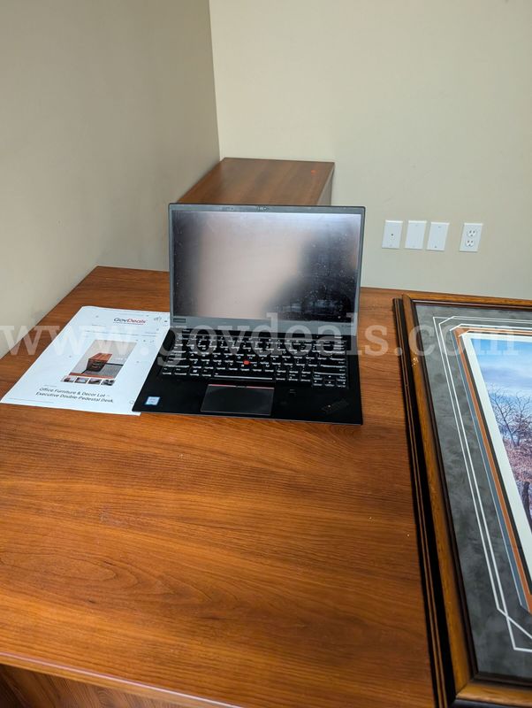Office Furniture & Decor Lot –Lenovo Laptop Double-Pedestal Desk, 3-Drawer File Cabinet, (2) Mesh Task Chairs & Artw