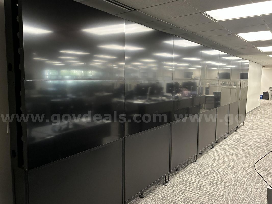 14 video screens, stands, mounts, storage with polycam equipment, equipment & racks to run screens