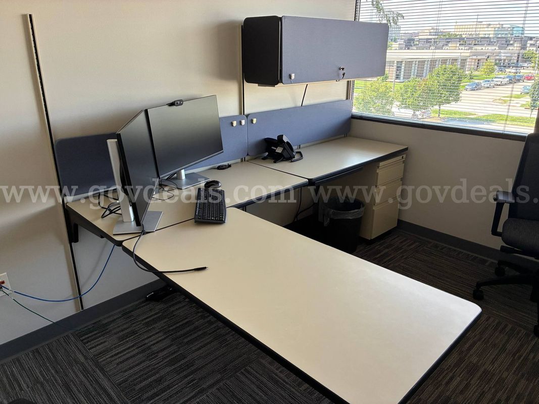 office desk, wall storage flipper cabinet and metal storage cabinets,