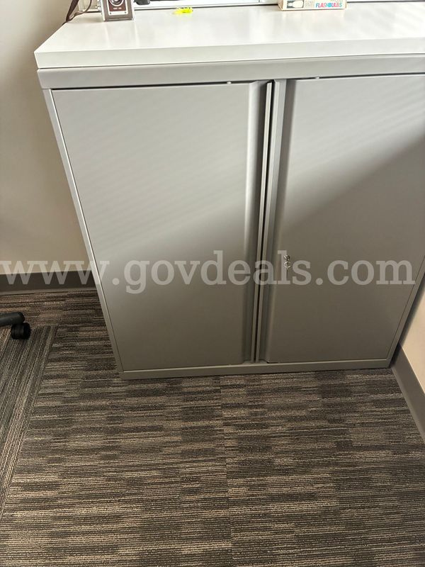 Desk, Coat Cabinet and Grey File Cabinet with White Top