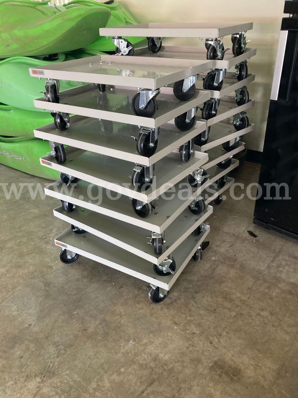 Lot of 15 metal chair dollies and 1 metal 2-tier cart