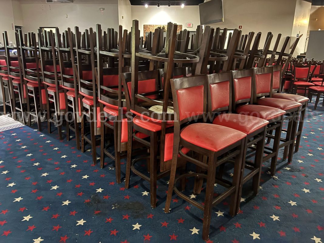 Lot of approximately 362 wood chairs with red padded back/seat
