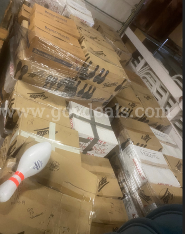 BOWLING PINS, USED, PALLET (24 BOXES) PLASTIC AND WOODEN