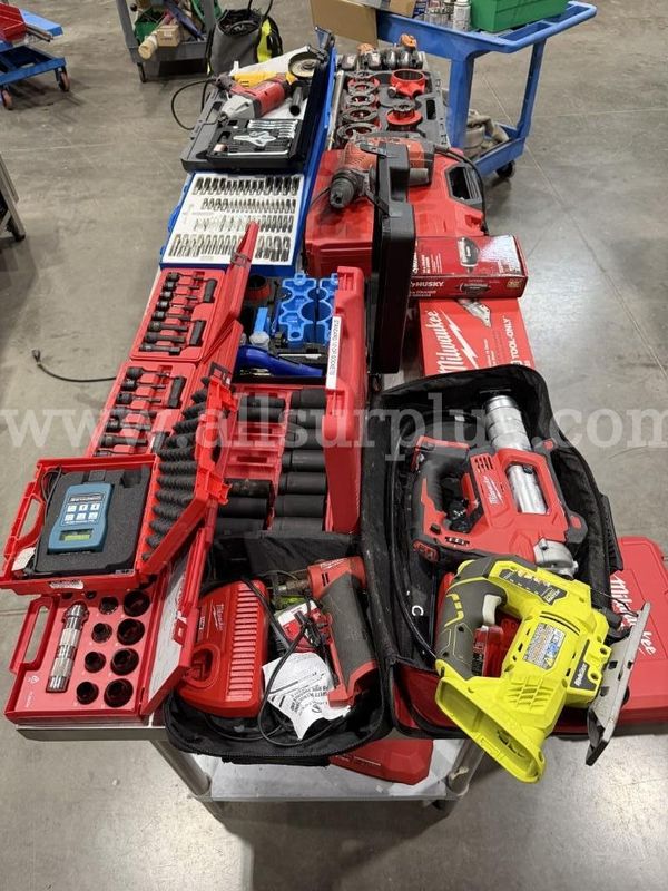 Power Tools, Socket Sets, Drivers, Batteries, Shop Tools, and Cabinet, Qty 1 Cabinet and Contents