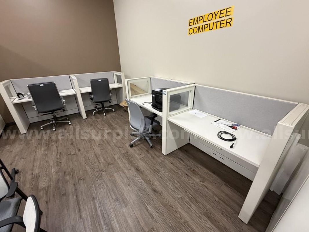 Cubicle Workstations, Printer, Office Chairs and Monitor Stand, Qty 2 Cubicles and Contents