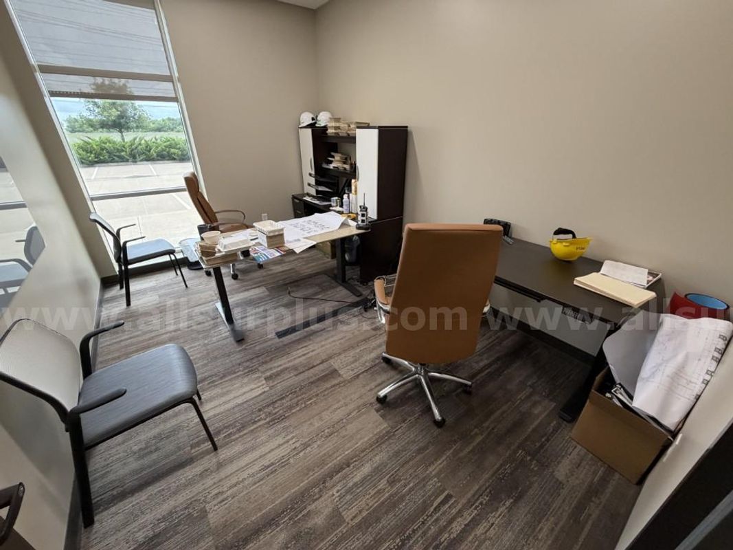 Office Furniture, Chairs, Adjustable Height Desks, Book Shelf and Misc Power Cords, 1 Lot