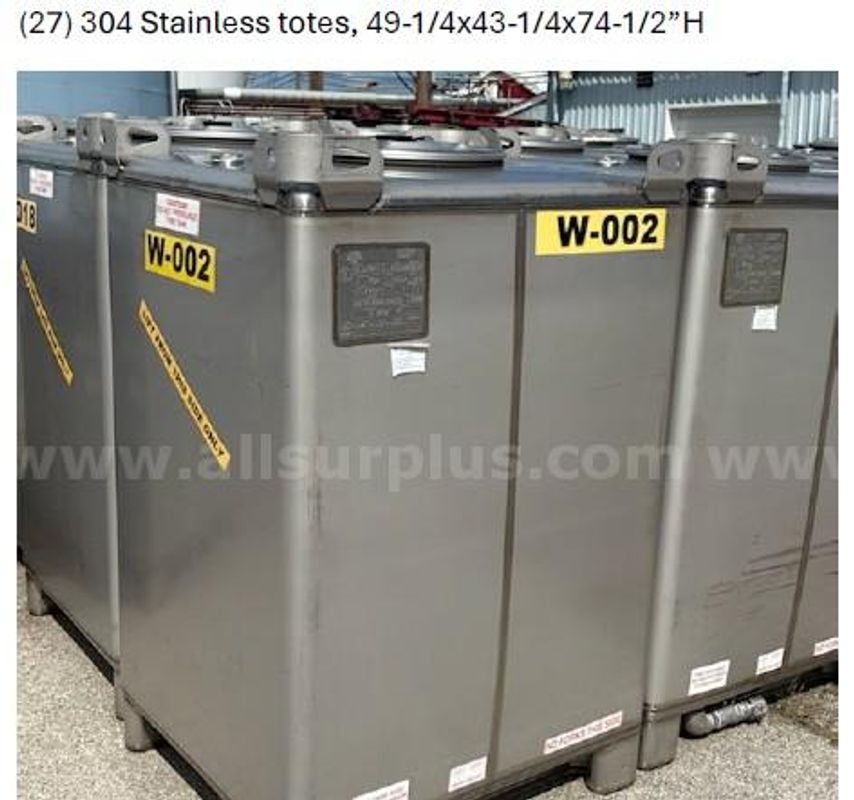 10 ea. AMI / IBC Resources 550 gal. Stainless Steel Totes (Never Used)