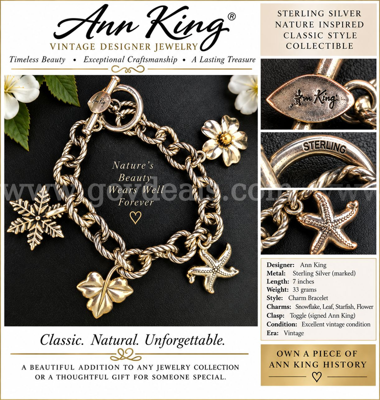 VINTAGE ANN KING STERLING SILVER CHARM BRACELET – 33 GRAMS
