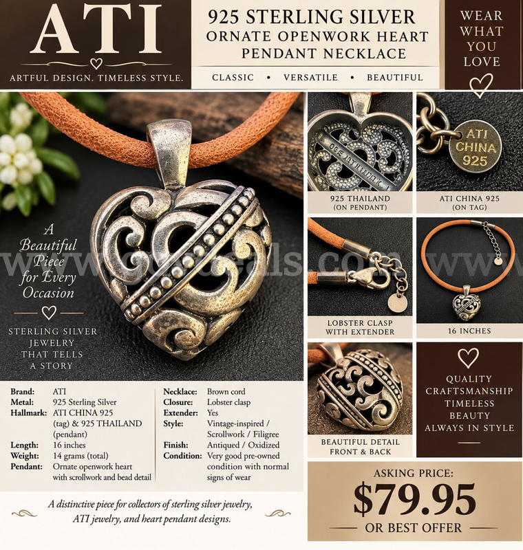 ATI 925 STERLING SILVER ORNATE OPENWORK HEART PENDANT NECKLACE – 16" – 14 GRAMS-FREE SHIPPING!!