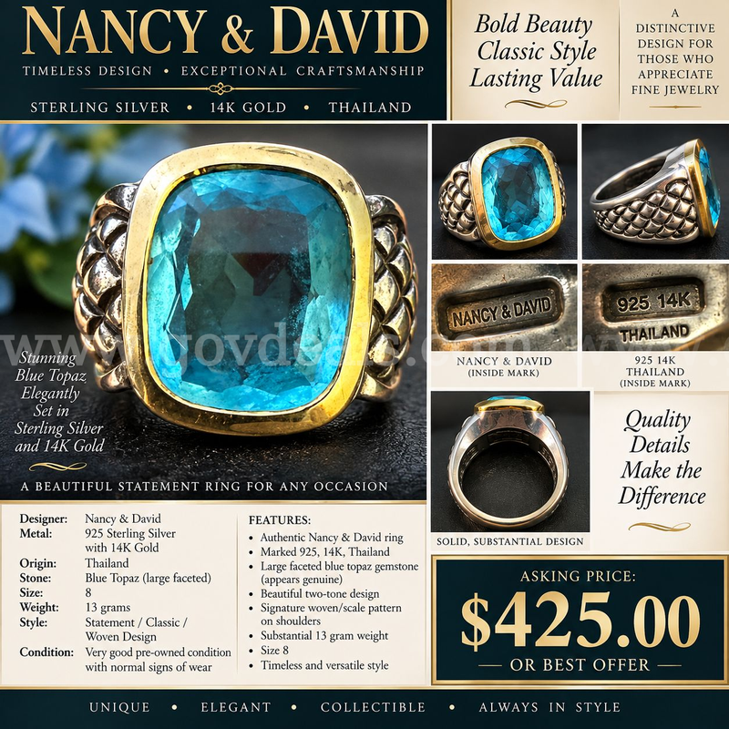 NANCY & DAVID 925 STERLING SILVER & 14K GOLD BLUE TOPAZ STATEMENT RING – SIZE 8 – 13 GRAMS