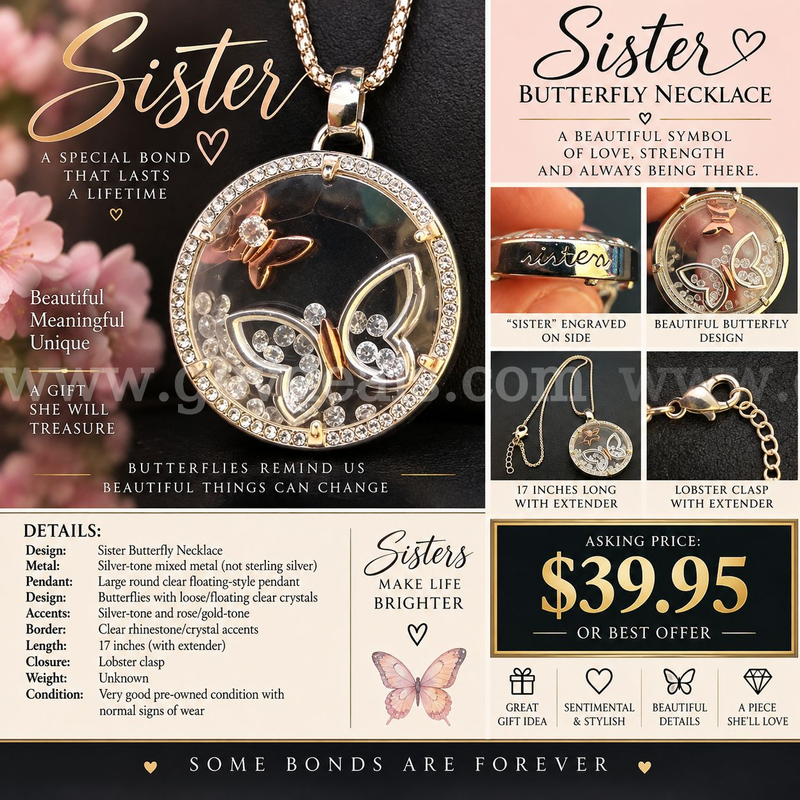 SISTER FLOATING BUTTERFLY CRYSTAL PENDANT NECKLACE – 17" – TWO-TONE 50% OFF-FREE SHIPPING