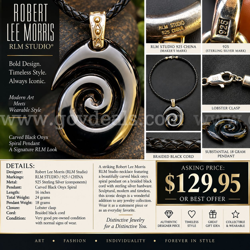 ROBERT LEE MORRIS RLM STUDIO 925 STERLING SILVER BLACK ONYX SPIRAL NECKLACE – 16" – 24 GRAMS 25% OFF! FREE SHIPPING!