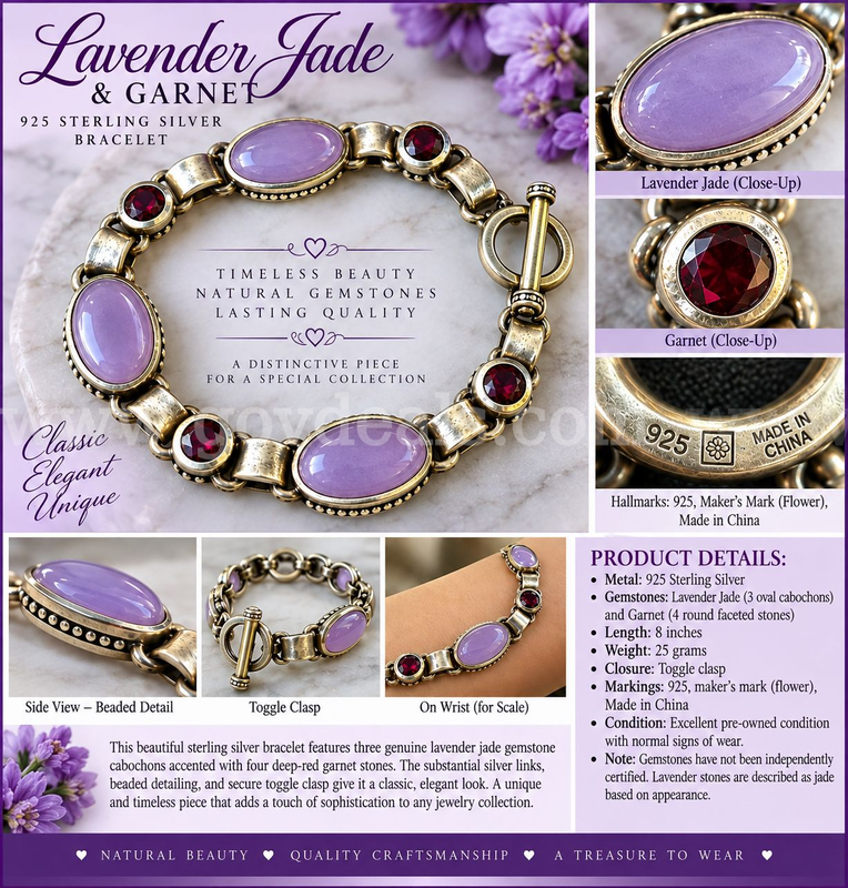 925 STERLING SILVER LAVENDER JADE & GARNET BRACELET – 8" – 25 GRAMS-FREE SHIPPING! 25% OFF!!!