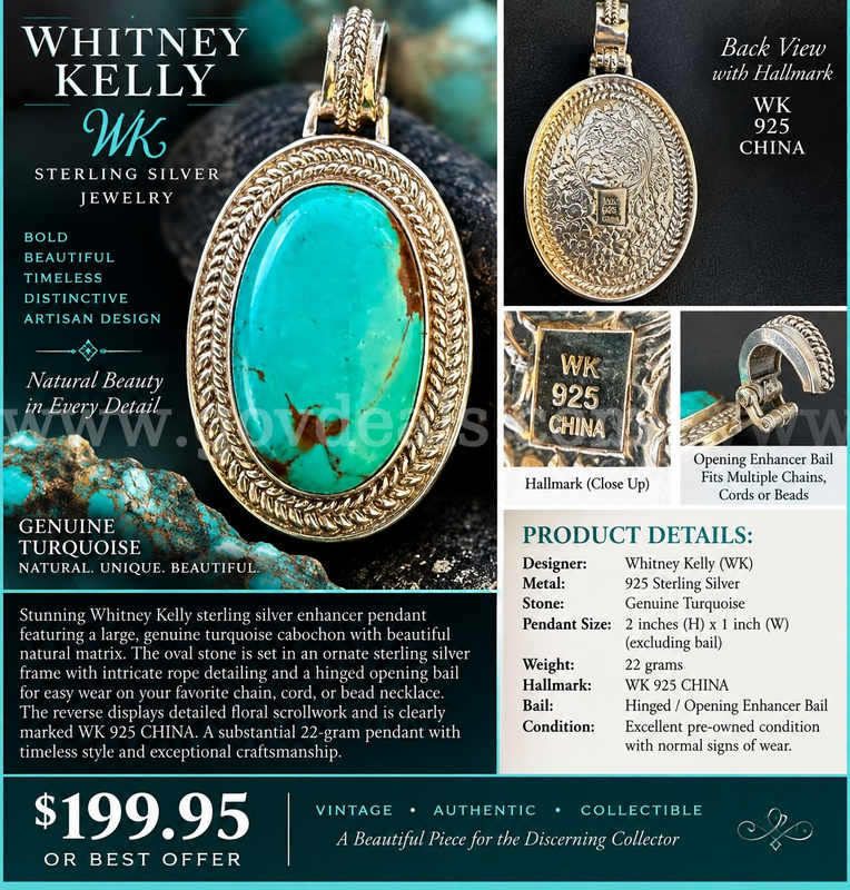 WHITNEY KELLY WK 925 STERLING SILVER GENUINE TURQUOISE ENHANCER PENDANT – 22 GRAMS – 2" 25% off!