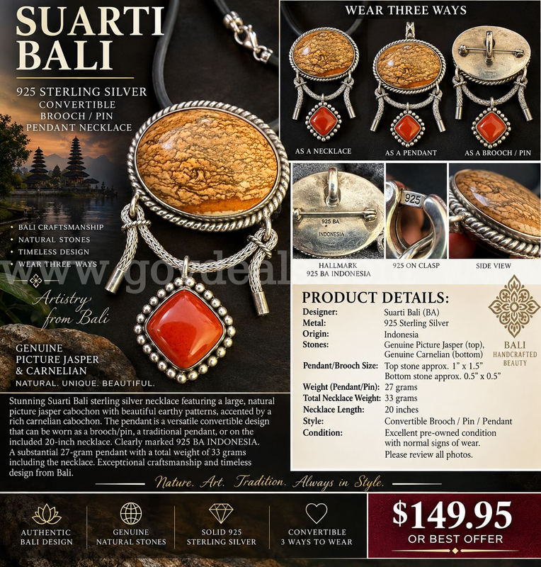 SUARTI BALI 925 STERLING SILVER CONVERTIBLE BROOCH / PIN / PENDANT NECKLACE -JASPER & CARNELIAN - 20 INCH