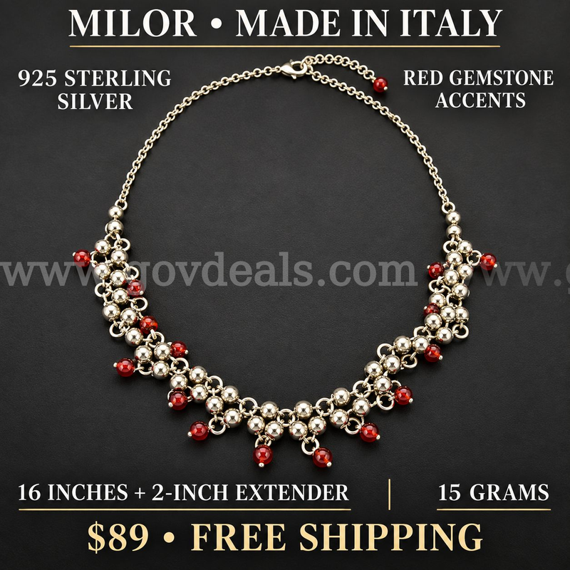 Milor Italy 925 Sterling Silver Red Gemstone Beaded Necklace-Free Shipping!!