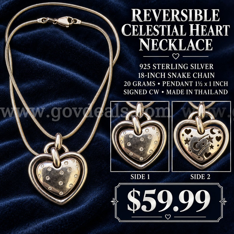925 Sterling Silver Reversible Celestial Heart Necklace – 18 Inches-20 Grams Silver!