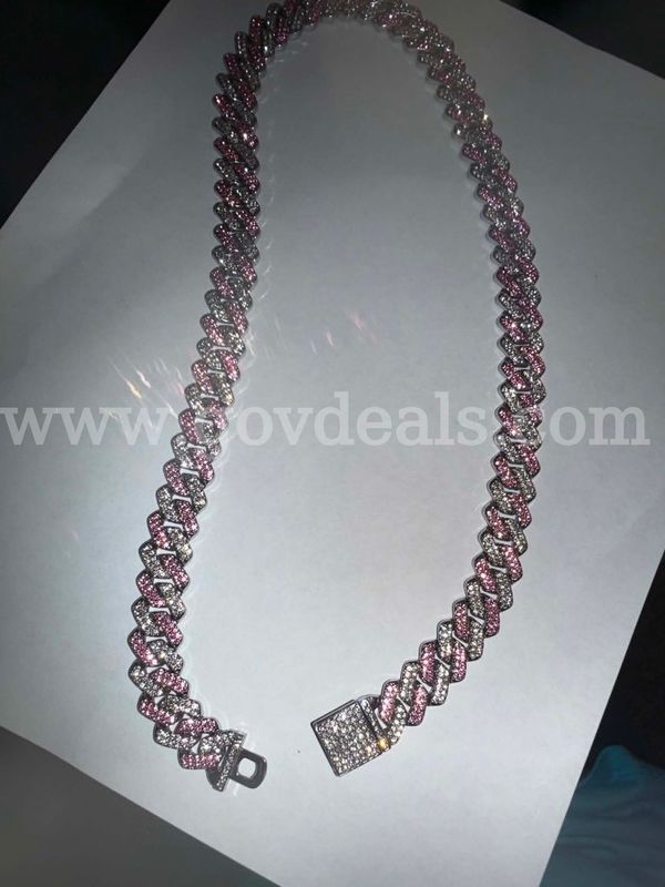 22″ PINK & CLEAR CZ CUBAN-LINK STEEL NECKLACE — HEAVY STATEMENT CHAIN