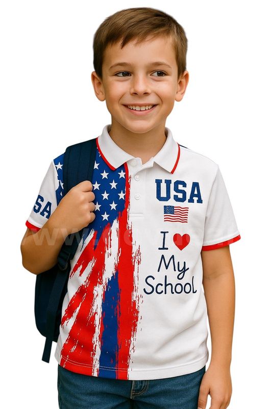 Lot of 30 New kids’ USA patriotic polo shirt with American flag design and “I ❤️ My School” print.