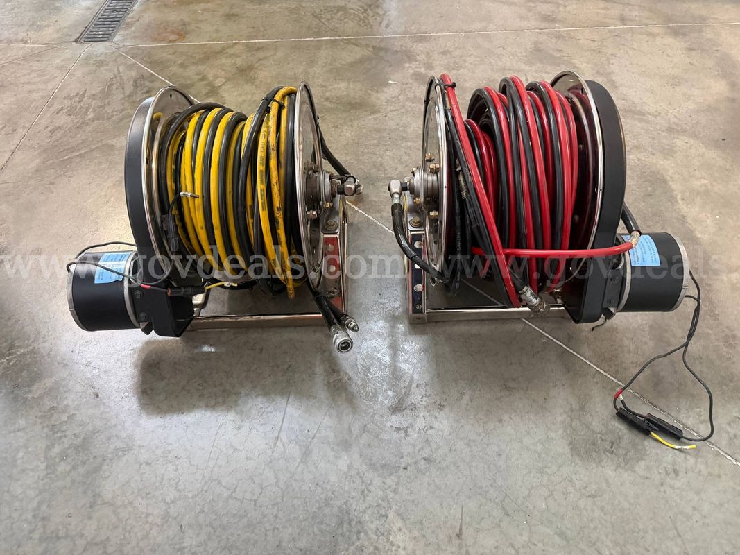 Lot of 2 Hannay 12V Electric Hydraulic Hose Reels with Hose – Fire/Rescue Equipment