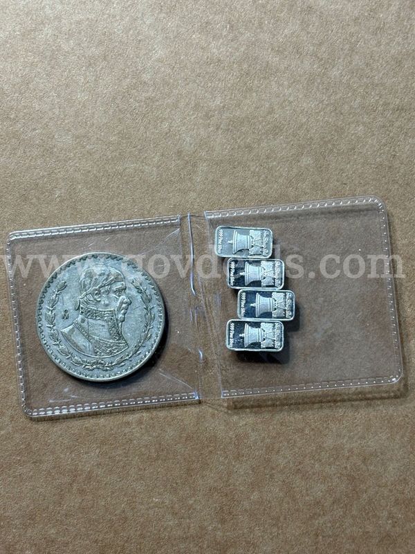 1964 un peso Mexico and four 1gram .999 bars