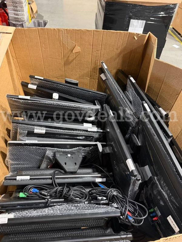 Lot of 54 used LCD monitors, mixed brands, pulled from decommissioned office equipment