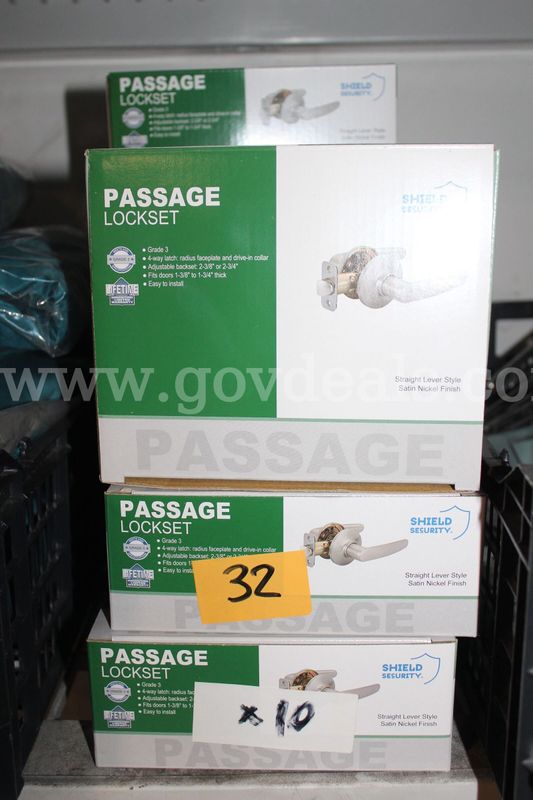 Brand new Shield Security Passage Lockset Grade 3 Straight Lever Satin Nickel, lot contains 10 sets.