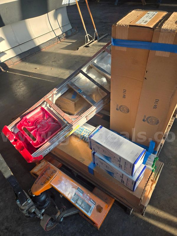Pallet of Fluorescent light bulbs, Shower systems, ladder, painting supplies
