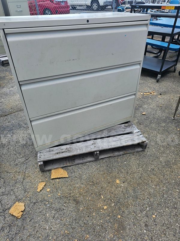 (1) METAL LATERAL FILE CABINET (THREE DRAWER) (NO KEY) (39IN H X 42IN W X 18IN D)