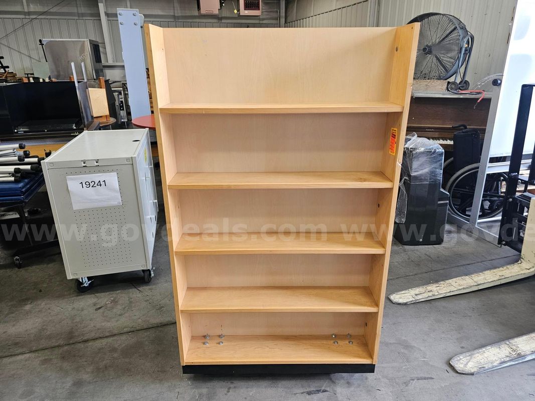 ROLLING WOODEN BOOKSHELF #1 (36IN L X 21IN W X 63IN H X 6.5IN D)