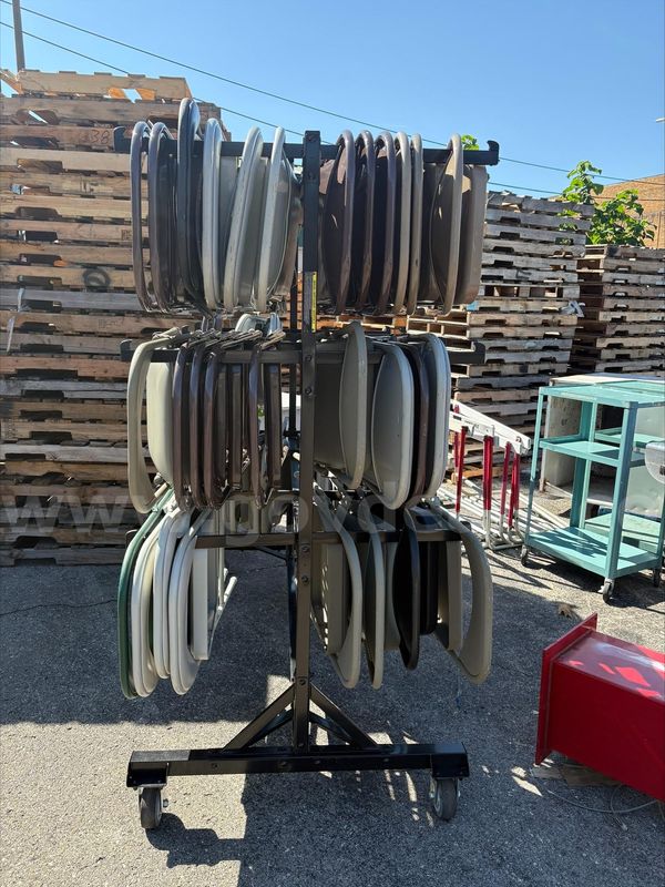 TWO TIER HANGING FOLDING CHAIR RACK AND CHAIRS