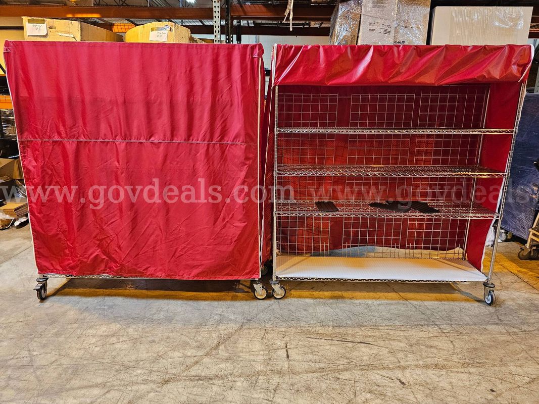 Lot of 2 - Metal Racks On Wheels W/ Red Covers - 6 Ft. Wide X 6 Ft. Tall