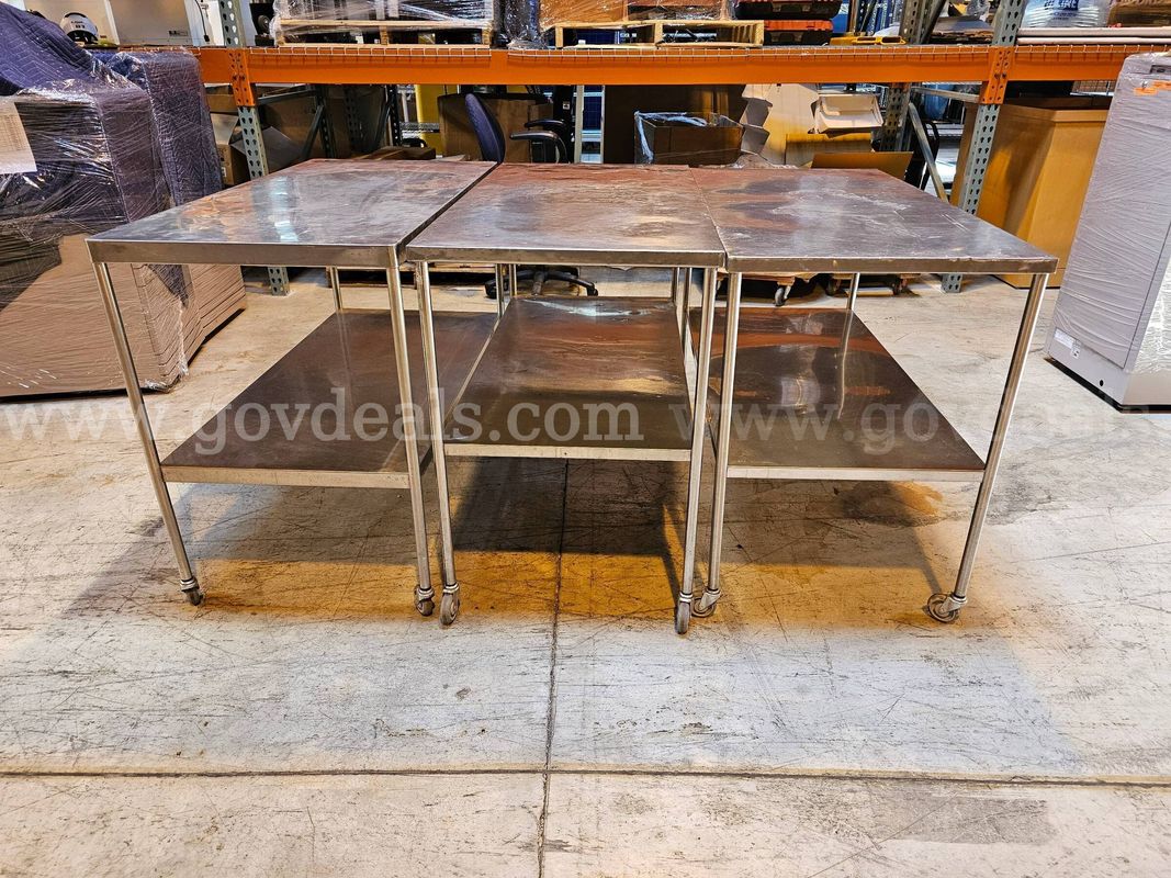 Lot of 3 - Stainless Steel Tables On Wheels - 4FT. W X 2FT. 11.5" TALL