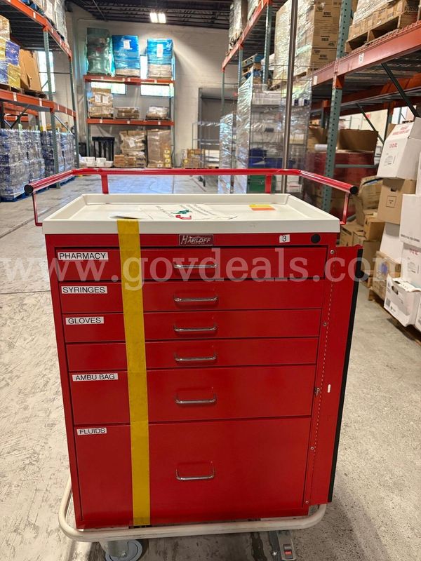 Metal medical cart - red - 6-drawer - contains medical supplies ("crash cart")