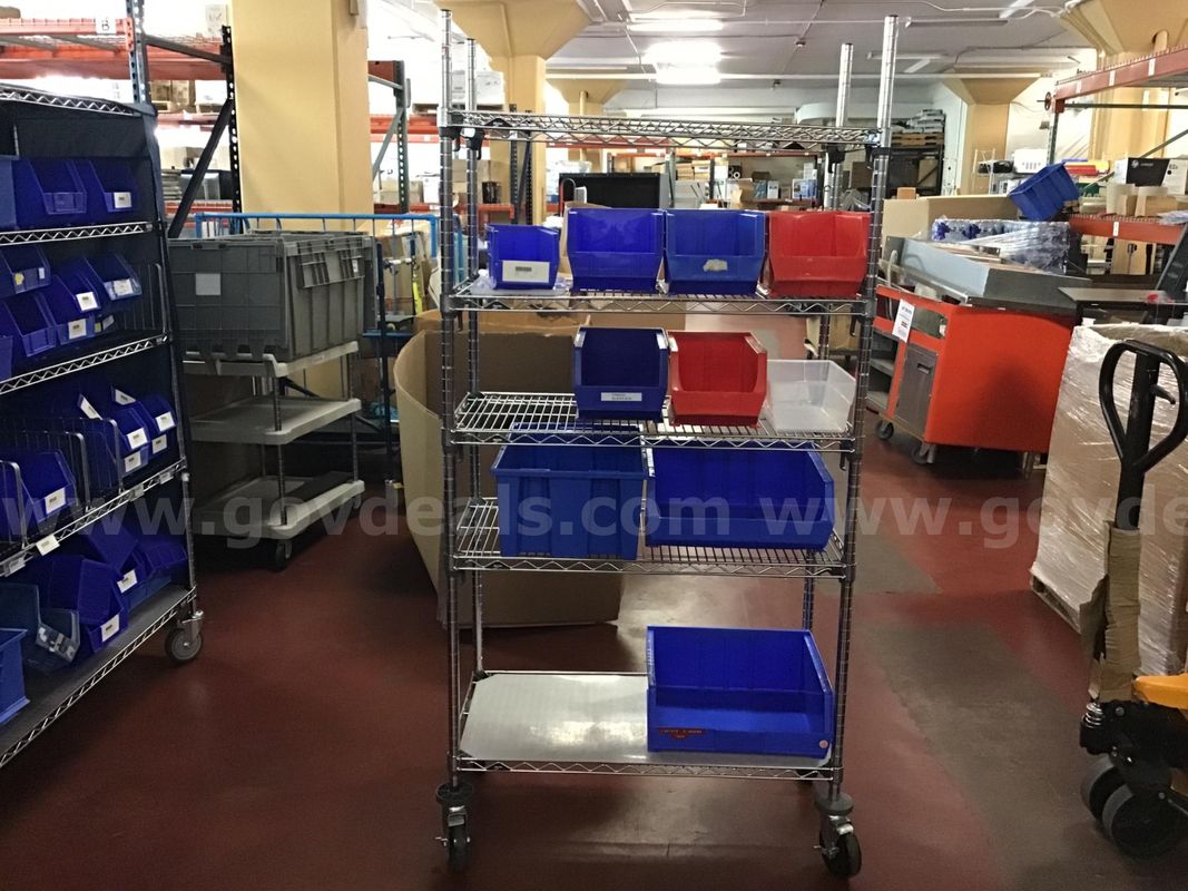 Metal Rack On Wheels with Plastic Containers