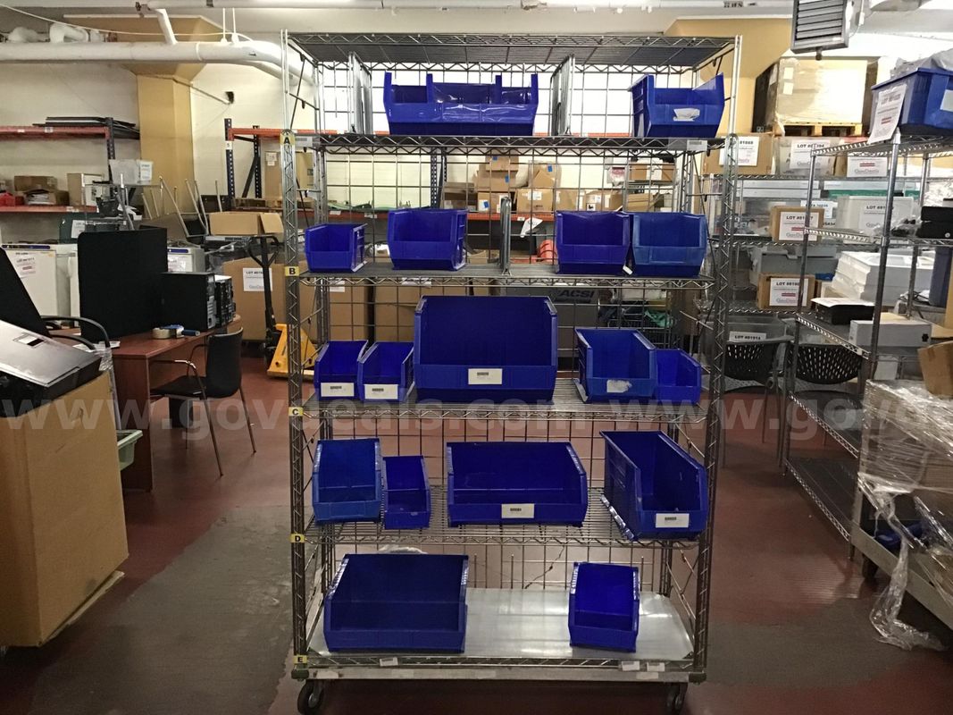 Metal Rack On Wheels with Plastic Containers