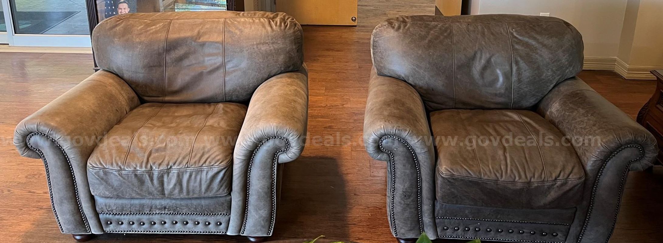 USED-Pair of Leather Armchairs-Nail head Trim-Used Condition