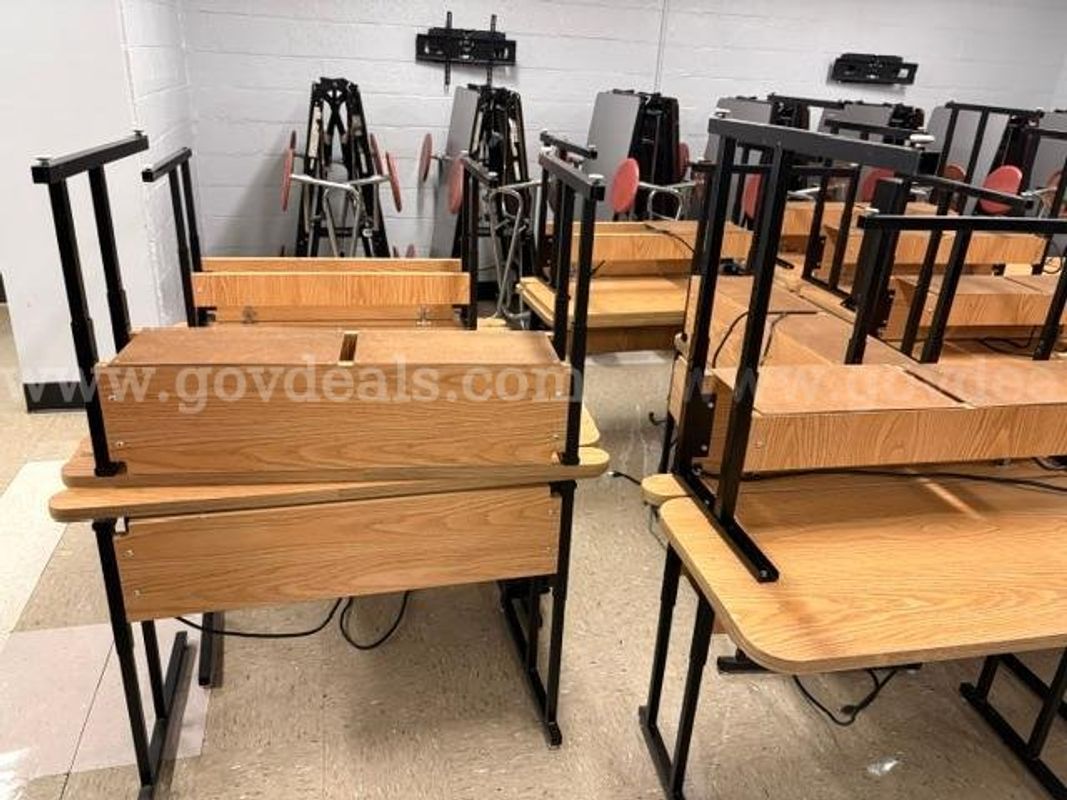 Lot - 23 Desks with Power Outlets and 5 Charging Carts, good to fair conditions (1 of 3)