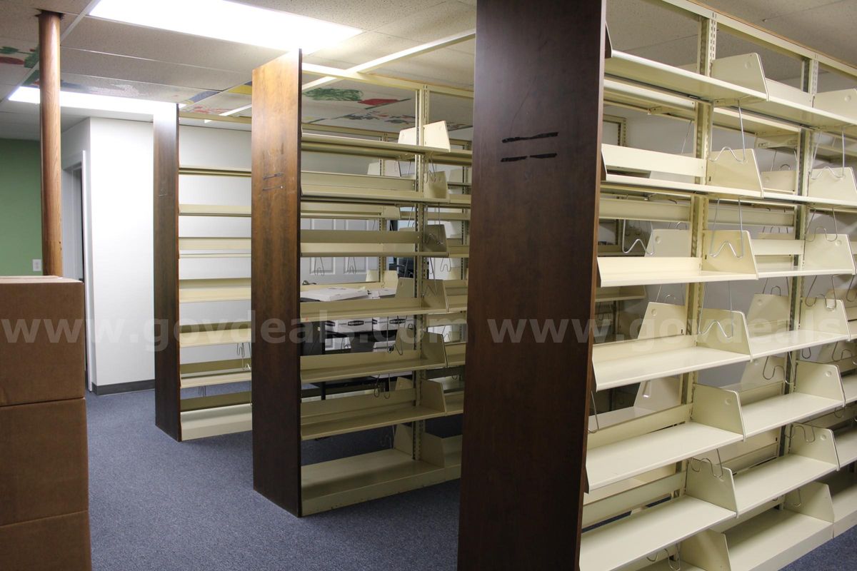 Lot of 63 Steel Cantilever Library Shelves