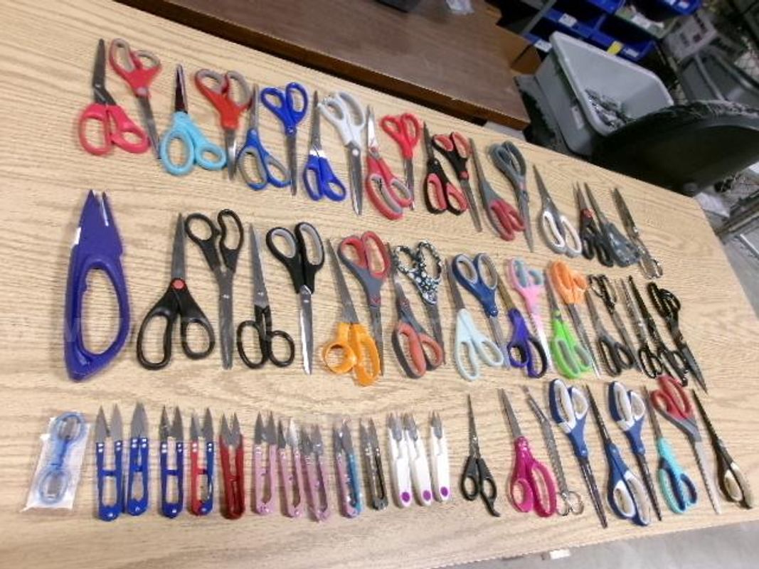 Lot of 60 Pairs of Scissors and 1 Box Knife/Cutter.
