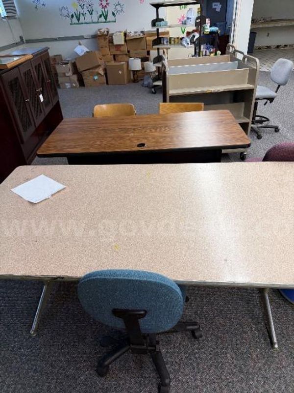 Lot of 2 Tables, Desk, Book Carts, File Cabinet and Chairs.