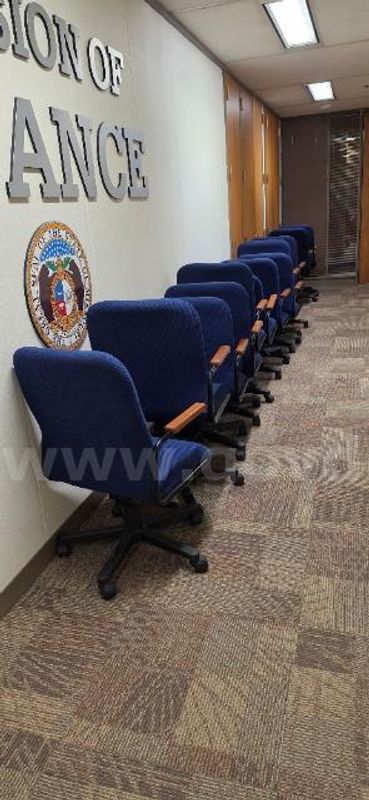 Lot of (12) Blue Rolling Conference Chairs with Wood Arms.