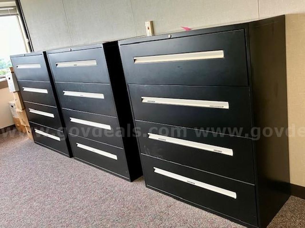 Lot of (3) Black Metal 4 Drawer Lateral Files.