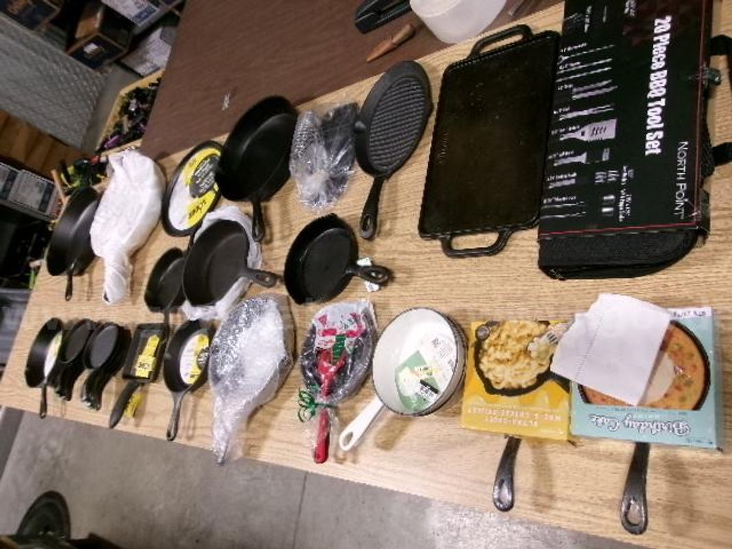 Lot of Cast Iron Skillets, Press, 2 Small Skillets and Barbecue Set.