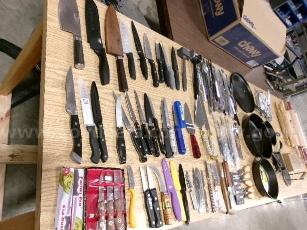 Lot of Cast Iron Skillets, Rolling Pins, Various Knives and Utensils.