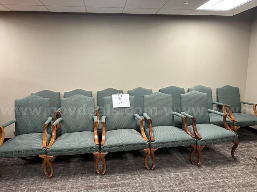 Lot of (12) Green Side Chairs with Arms.