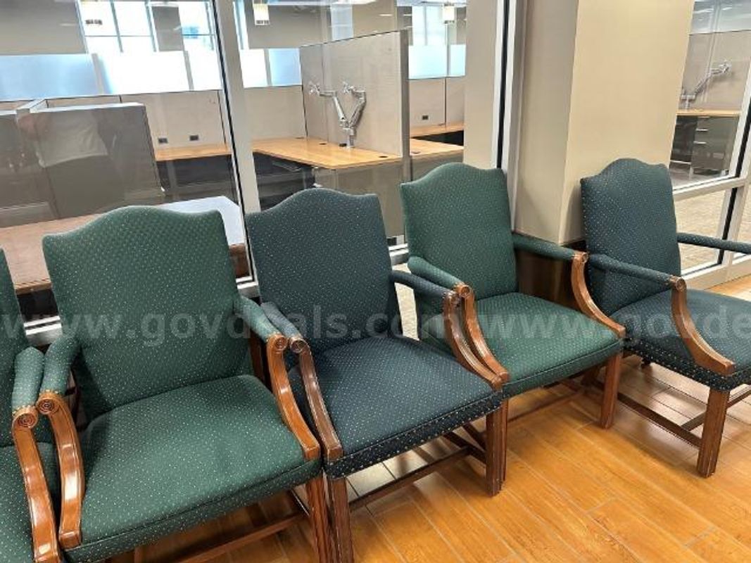 Lot of (7) Green Side Chairs with Arms.