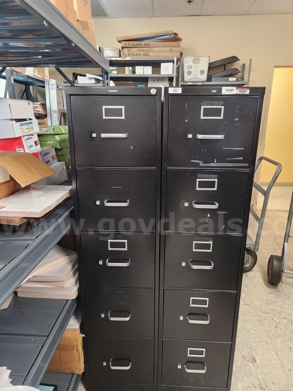 4 File Cabinets and 2 Metal Shelves