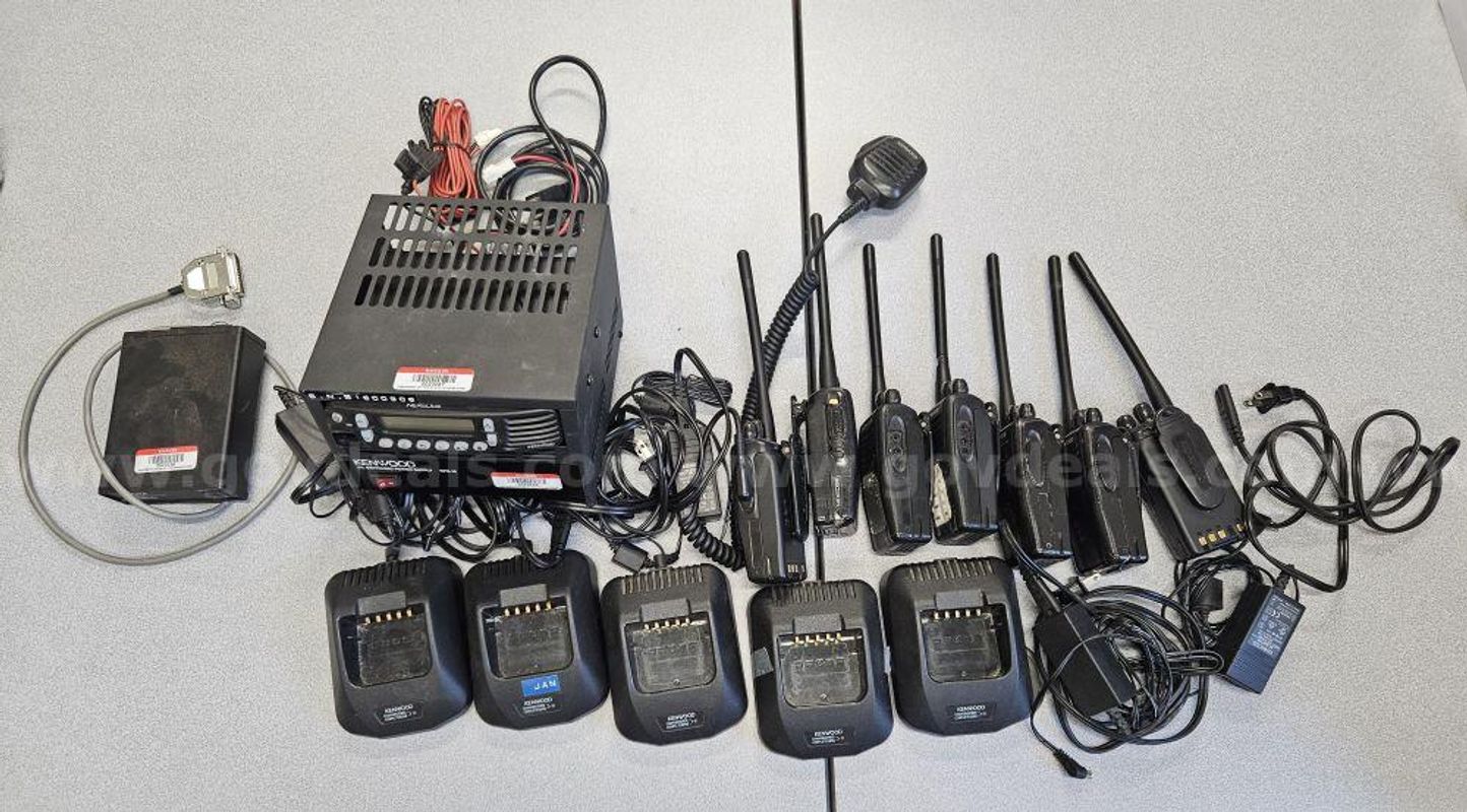7 Kenwood radios,5 Kenwood charger units w/cords and accessories