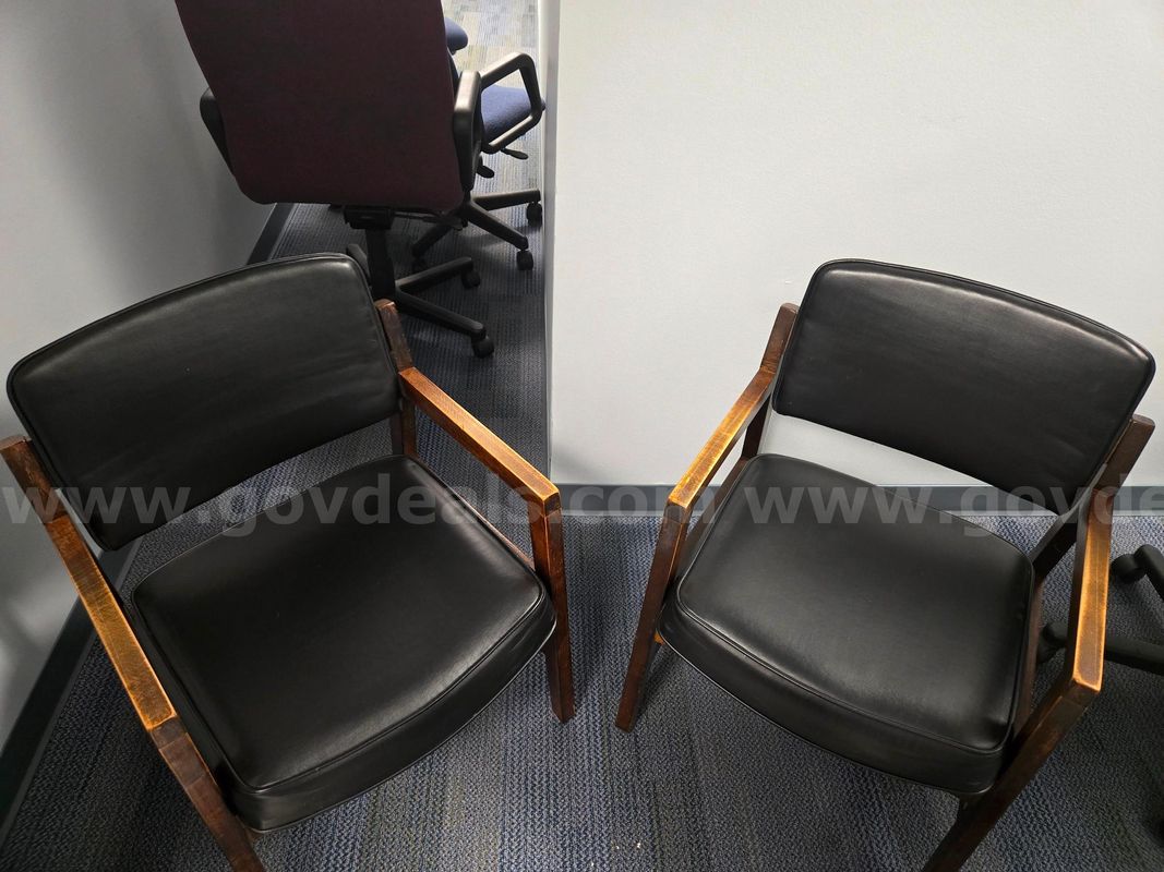 5 Chairs: 3 Blue Fabric and 2 Black Leather